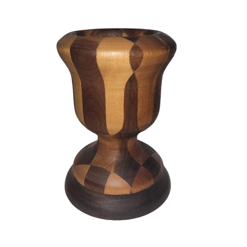 Vintage Taper Candlestick Holder Inlaid Turned Wood Marquetry Signed 1983 gift